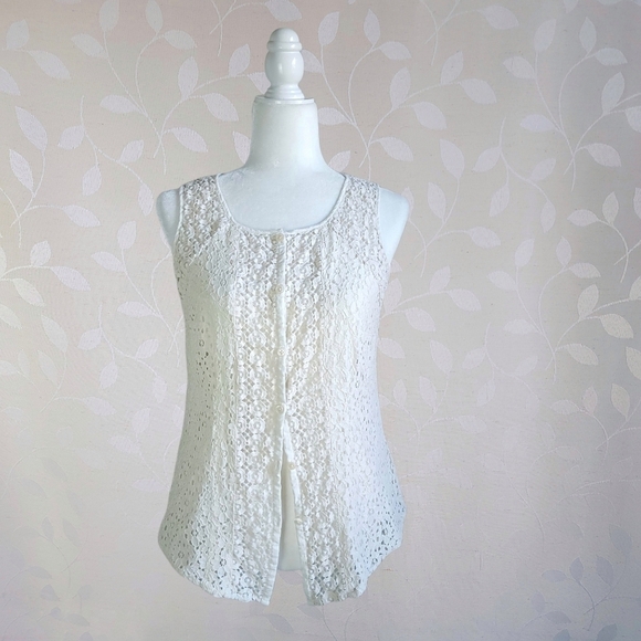 Vintage 90s Van Heusen Cream Floral Eyelet Button Front Sleeveless Top Vest XS - Picture 7 of 16